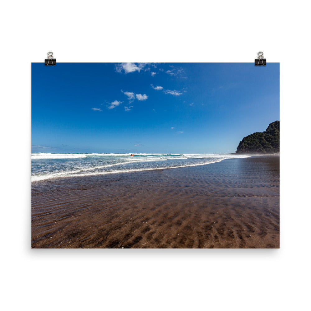Karekare Beach Surf - New Zealand fine art photograph by James Hancox, art paper print, 18x24 inches, shown unframed with hanging clips